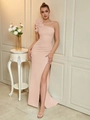 Robe de soirée élégante rose poudré à une épaule avec fleurs 3D et fente haute sexy - Abricot