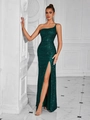 Elegante abito da sera verde scuro con paillettes monospalla e spacco laterale profondo - XS / Verde Scuro