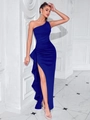 Elegante vestido de noche azul real de un hombro con abertura con volantes y corte ajustado - XS / Azul Real