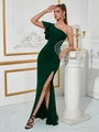Elegant dark green one-shoulder evening gown with ruffled detail and side slit design - XS / Dark Green