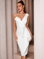 Elegant white one-shoulder midi cocktail dress with ruffled hem and slim fit silhouette - White