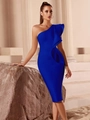 Elegante abito longuette blu reale con volant strutturato e scollo monospalla - Blu