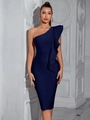 Elegant navy blue one-shoulder bandage dress with a large ruffle accent for formal events - S / Navy Blue