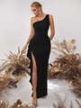 Elegante vestido de noche negro de un hombro con abertura con volantes y corte entallado - XS / Negro