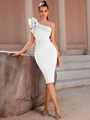 Elegant white one-shoulder cocktail dress with ruffle detail and waist belt - White