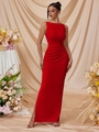 Elegant sleeveless red ruched maxi dress with side slit and slim fit silhouette - Red