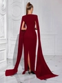 Elegante abito da sera rosso vino con maniche a mantella lunghe e spacco posteriore - XS / Borgogna