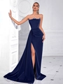Elegant navy blue strapless evening gown with diamond trim and high side slit - Navy Blue