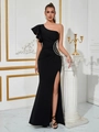 Elegant black one-shoulder evening dress with rhinestone waist and high side slit - XS / Black