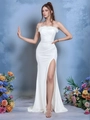 Elegante abito da sera bianco a fascia con bordo in piume e spacco laterale alto - L / Bianco