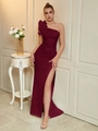 Elegante abito da sera bordeaux monospalla con fiore e spacco laterale alto - XS / Borgogna