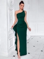 Elegant dark green one-shoulder evening gown with side slit and ruffle detail - Dark Green