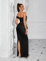 Elegant black off-shoulder slim evening dress with satin finish and back slit design - White