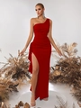Elegante abito da sera rosso monospalla con dettagli a balze e spacco alto laterale - XS / Rosso