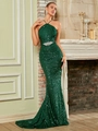 Elegantes dunkelgrünes Pailletten-Abendkleid im Fishtail-Stil mit Neckholder und Strass - S / Grün