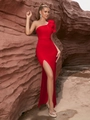 Elegant red one-shoulder evening dress with ruffle detail and high slit design - XS / Red