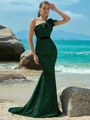 Elegantes dunkelgrünes Pailletten-Abendkleid im Meerjungfrau-Stil mit One-Shoulder-Rüsche - XS / Dunkelgrün