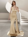 Elegant champagne gold one-shoulder satin mermaid evening gown with a flowing train - M / Apricot