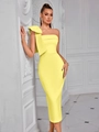 Elegant yellow one-shoulder bandage dress with a large decorative bow for formal evening wear - XS / Yellow