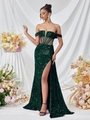 Detail of sequined off-shoulder gown in emerald green with waist corset and side slit - XS / Dark Green