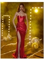 Sexy red satin strapless evening dress with high slit and elegant waist knot design - M / Red