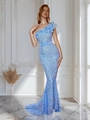 Elegante hellblaue Pailletten-Fischschwanz-Abendkleid mit One-Shoulder-Rüschendesign - S / Himmelblau