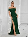Detailed view of the dark green sequined evening dress featuring a high split and off-shoulder cut - Dark Green