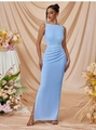 Elegantes ärmelloses hellblaues Bodycon-Maxikleid mit seitlicher Raffung und Schlitz - XS / Himmelblau