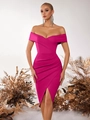 Robe midi fuchsia chic à épaules dénudées avec taille froncée et fente pour femmes - Rose rouge