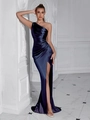 Elegantes mitternachtsblaues One-Shoulder-Abendkleid mit Schlitz und Satin-Finish für Damen - XS / Marineblau