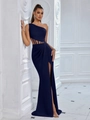 Elegant dark blue one-shoulder maxi dress with side cut-out waist and high slit detail - XS / Navy Blue