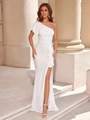 Elegante vestido de noche blanco de un hombro con abertura, manga con volante y brillo - S / Blanco