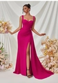 Elegantes magentafarbenes Abendkleid mit Korsett-Mieder, hohem Schlitz und breiten Trägern - XS / Rosarot