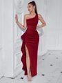 Elegant one-shoulder wine red evening gown with ruffle detail and high leg slit - Burgundy