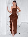 Elegant dark brown one-shoulder evening gown with ruffles and a high split leg design - Brown