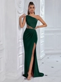 Elegantes dunkelgrünes One-Shoulder-Abendkleid mit Taillenausschnitt und hohem Schlitz - M / Dunkelgrün