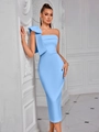 Elegant sky blue one-shoulder evening dress with a large bow detail and slim fit cut - Sky Blue