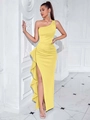 Elegant pale yellow one-shoulder evening dress with side ruffle and high slit detail - Light Yellow