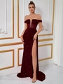 Detailed view of sequin evening dress featuring off-shoulder corset and high leg slit - Burgundy