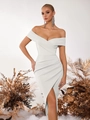 Elegant off-shoulder light grey evening dress with V-neck cross design and high leg slit - XS / White