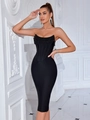 Elegant black strapless bandage midi dress with beaded fringe trim and bodycon fit - Black