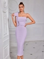 Elegant one-shoulder lavender bodycon dress with a large decorative shoulder bow - Light Purple