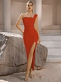 Elegant red one-shoulder bandage dress with a high side slit for formal evening parties - L / Red