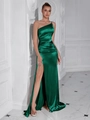 Elegant emerald green satin one-shoulder maxi dress with ruched waist and high side slit - S / Dark Green