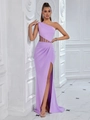 Elegant lavender one-shoulder evening dress with waist cutout and high leg slit - XS / Light Purple