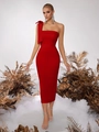 Elegant red bodycon midi dress featuring a stylish one-shoulder bow design for parties - Red