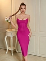 Elegantes rosenrotes schulterfreies Bandage-Abendkleid mit Fischgräten-Korsett und Fransen - S / Rosarot