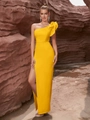 Elegant bright yellow one-shoulder evening gown with ruffles and side slit design - XS / Yellow
