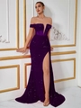 Elegant deep purple sequined evening dress with corset bodice and high side slit - XS / Deep purple