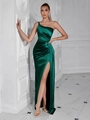 Elegantes dunkelgrünes One-Shoulder Abendkleid aus Satin mit geraffter Taille und Schlitz - XS / Dunkelgrün